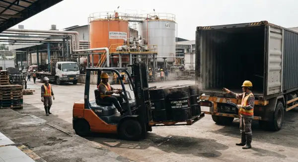 jual aspal cair dari PT. Mitra Jalan Raya sedang melakukan loading barang untuk dikirim luar kota