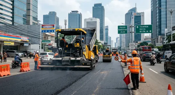 jasa pengaspalan jalan mengerjakan proyek di tengah kota besar