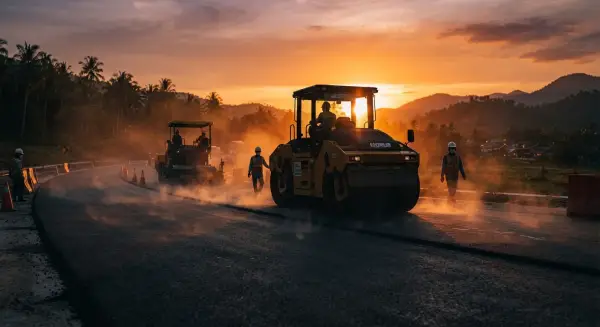 jasa pengaspalan jalan mengerjakan proyek siang dan malam