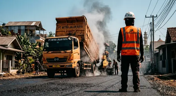jasa pengaspalan majalengka sedang menuangkan aspal ke jalan proyek yang sedang dikerjakan