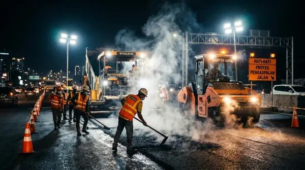 jasa pengaspalan tangerang saat mengerjakan pada malam hari dengan bantuan lampu sorot