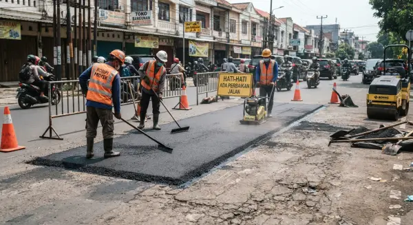 jasa perbaikan aspal oleh PT. Mitra Jalan Raya sedaang melakukan perbaikan di tengah kota