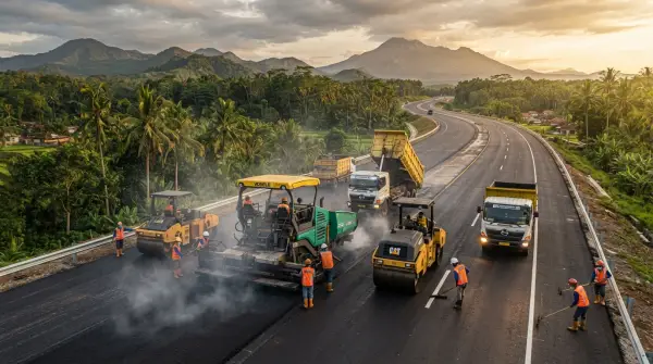 jasa perbaikan aspal oleh PT. Mitra Jalan Raya melakukan perbaikan di tengah jalan tol