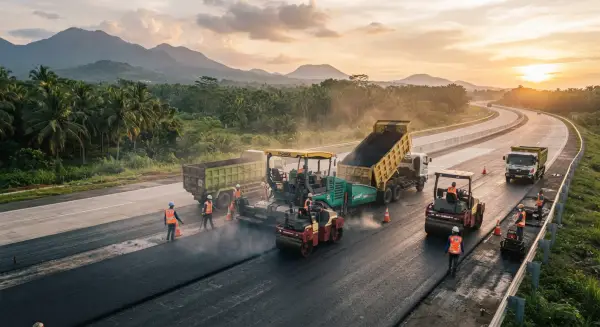 jasa perbaikan aspal oleh PT. Mitra Jalan Raya melakukan pengaspalan di tengah jalan tol